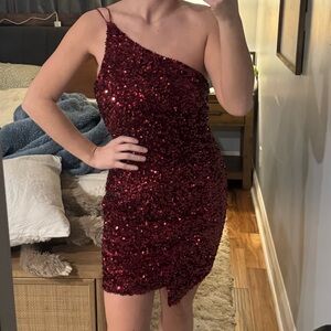 Crystal Doll Burgundy Sequin One-Shoulder Dress
